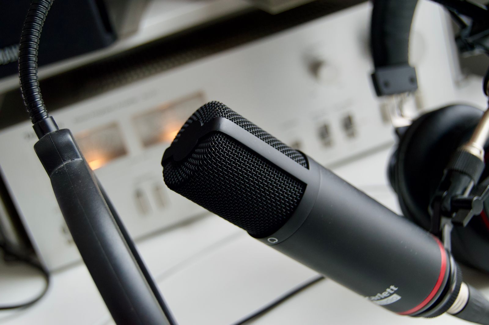 A microphone in a radio broadcast studio